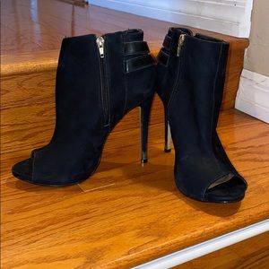 Black suede open toed stiletto booties